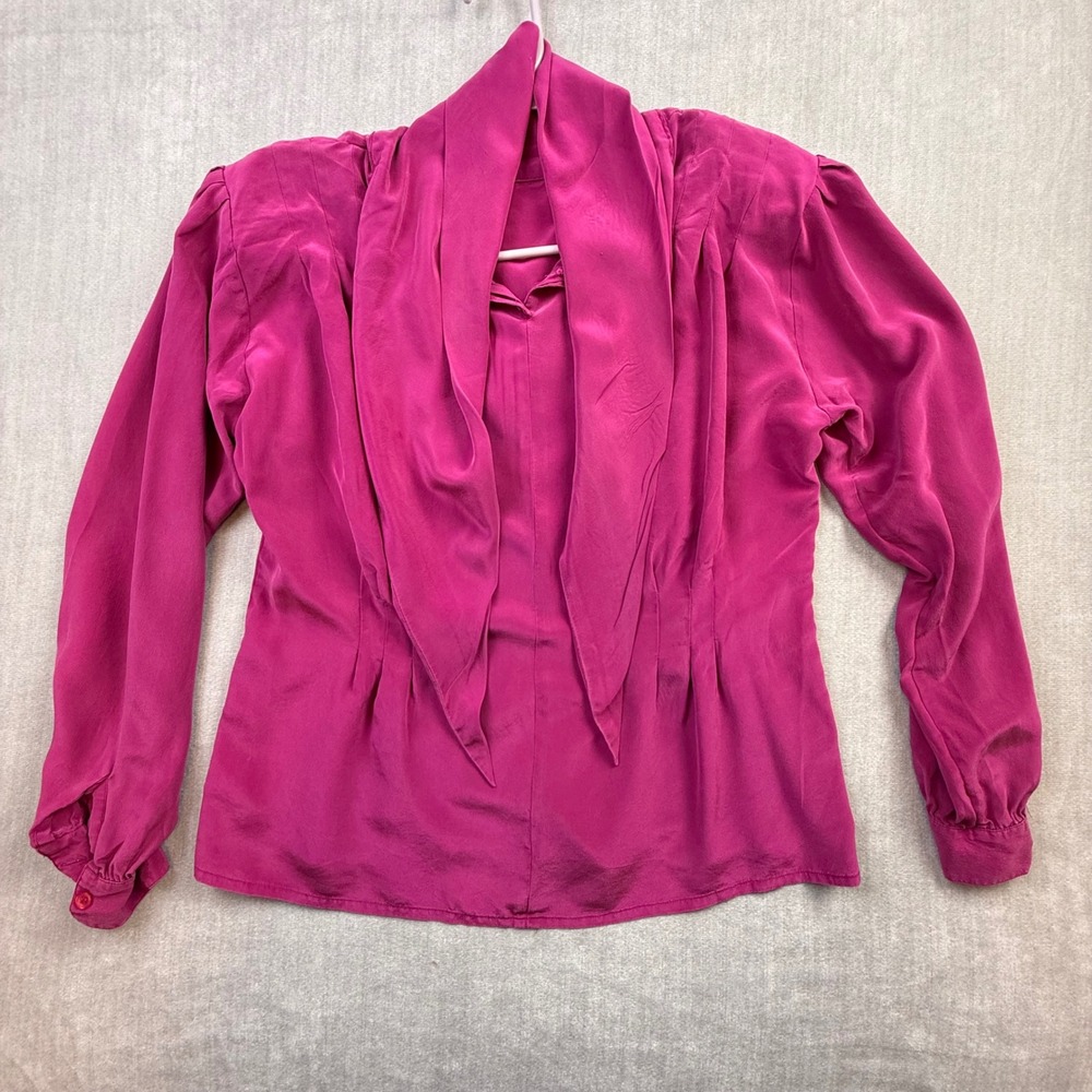 Cassant Vintage 100% Silk Magenta Pink Scarf Neck Blouse Womens 8 Long‎ Sleeve